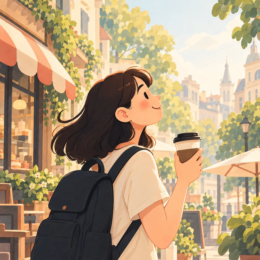 Illustration of a smiling shopper outside a café, holding a takeaway drink
